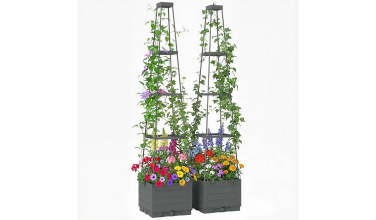 Outsunny Plastic Raised Garden Bed with Trellis and Drainage Tray – Grey