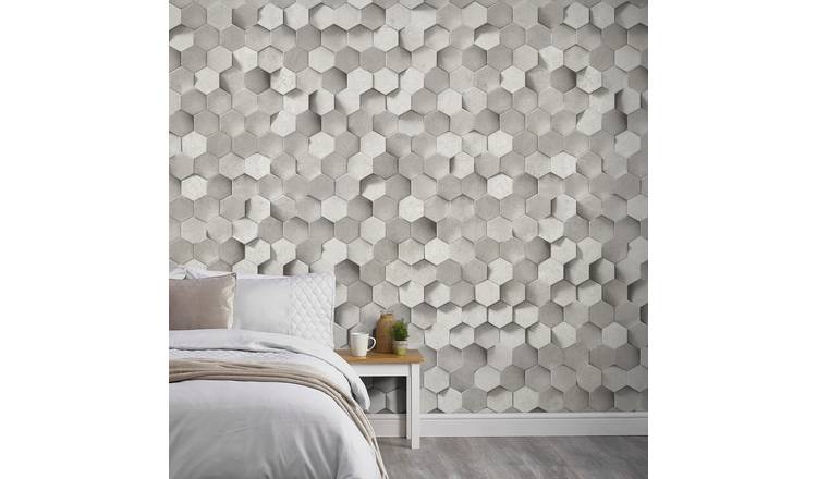 Grandeco Hexagon 3 Lane Repeatable Textured Wallpaper Mural  - Grey