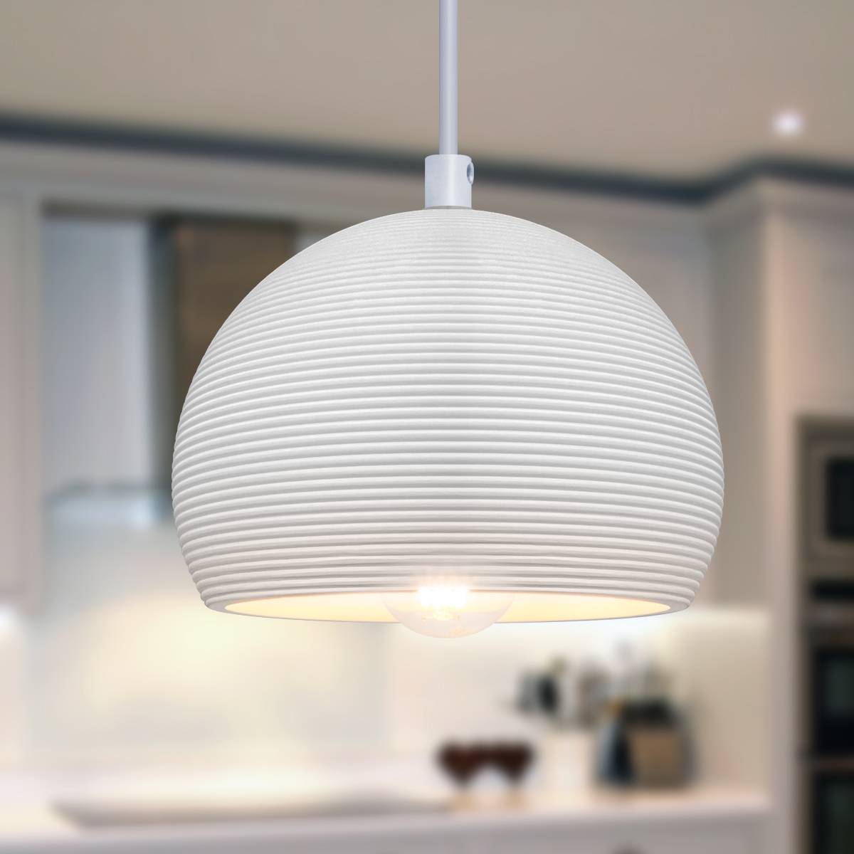 Energy Light Bulbs Ceramic Groove Pattern Ceiling Pendant Light - White - Image 5