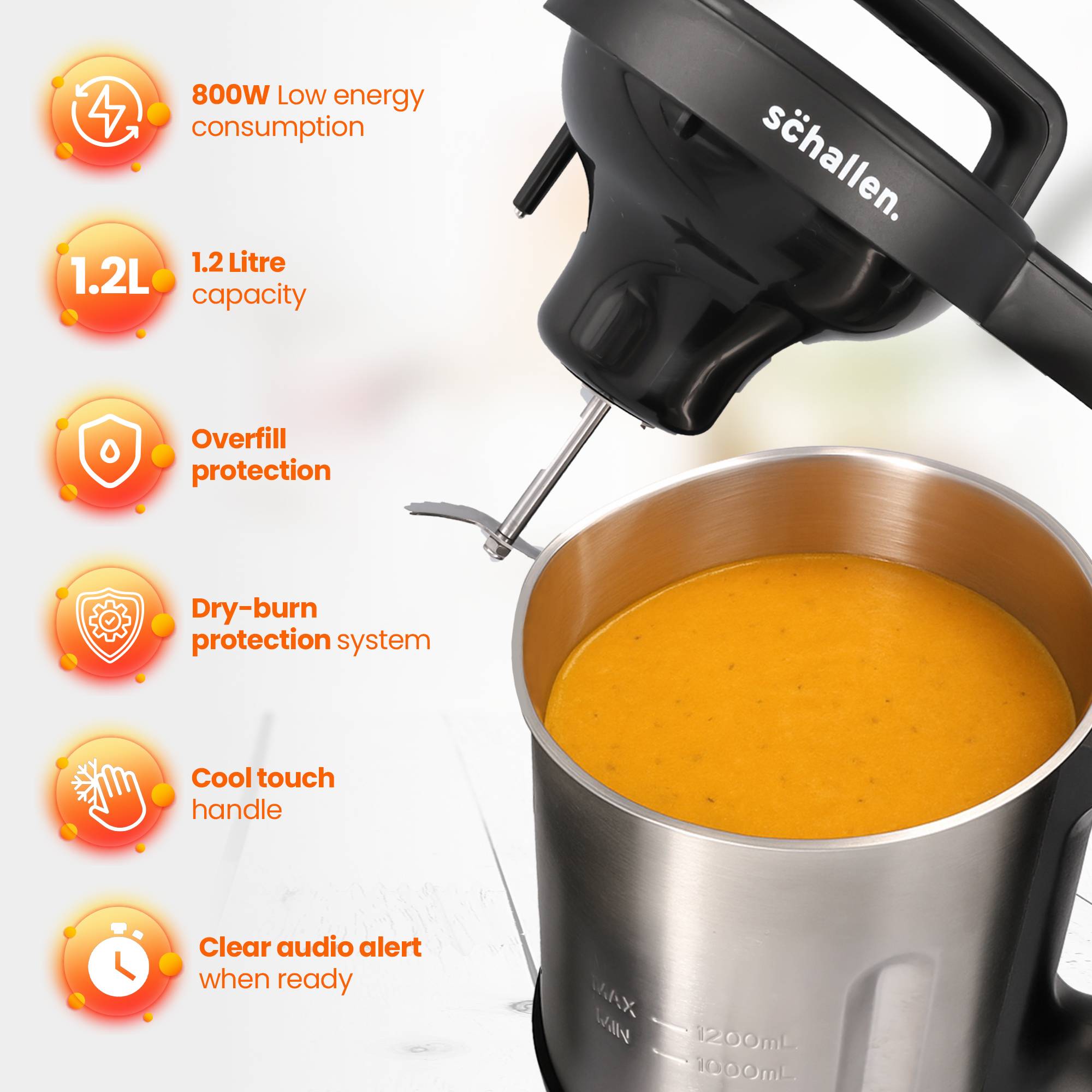 Schallen Soup Maker 1.2L Stainless Steel Jug & Bowl with Intelligent Control - Image 3