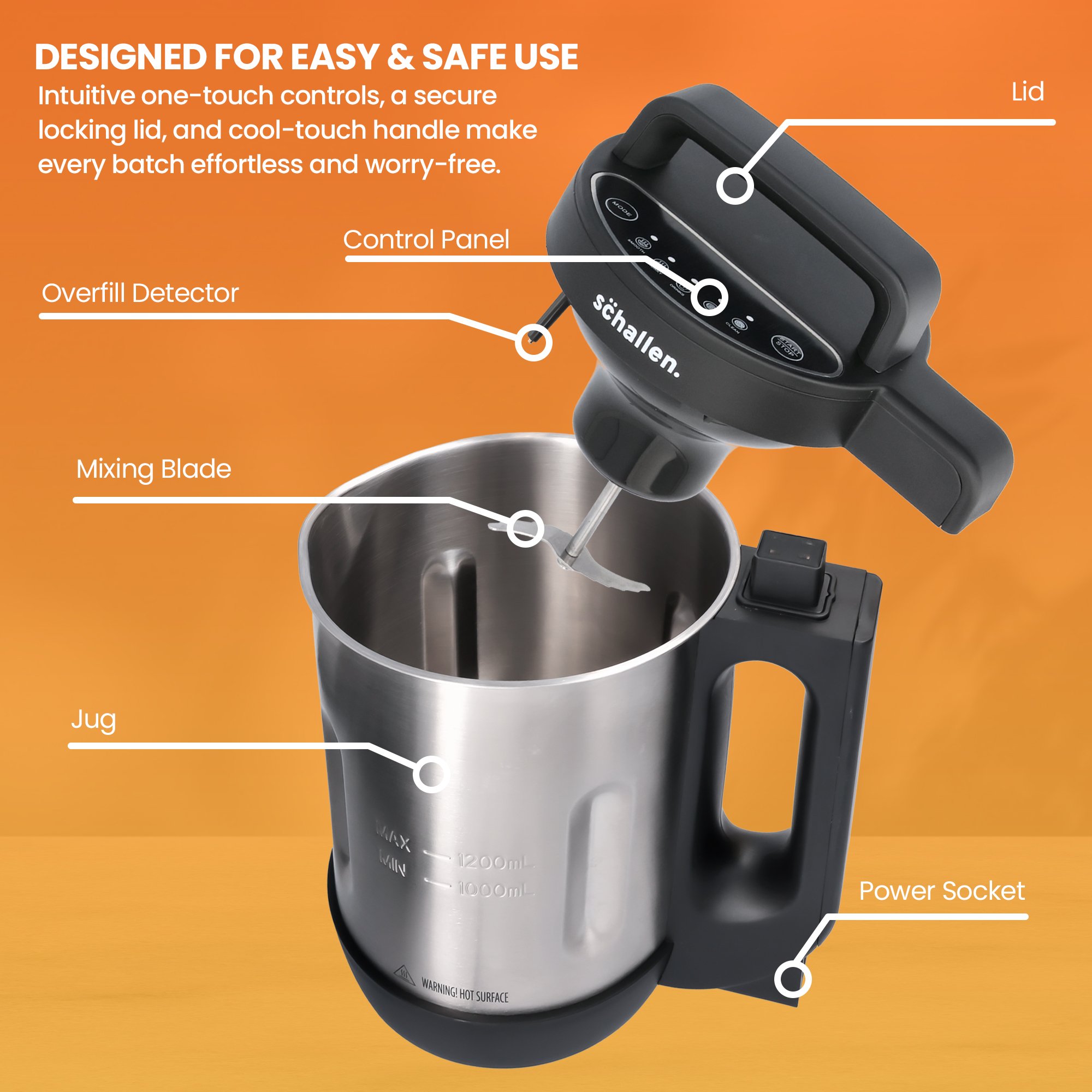 Schallen Soup Maker 1.2L Stainless Steel Jug & Bowl with Intelligent Control - Image 4