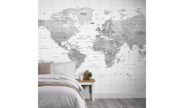 Grandeco World Map 7 Lane Textured Wallpaper Mural  - White