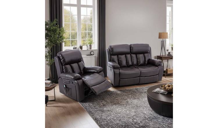 Furniture Online Chester Manual Recliner Leather 1+2 Seater Sofa Set - Brown