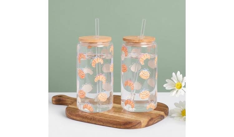 OHS Croissant Print Plastic Drinking Jars with Bamboo Lids - 2 Pack