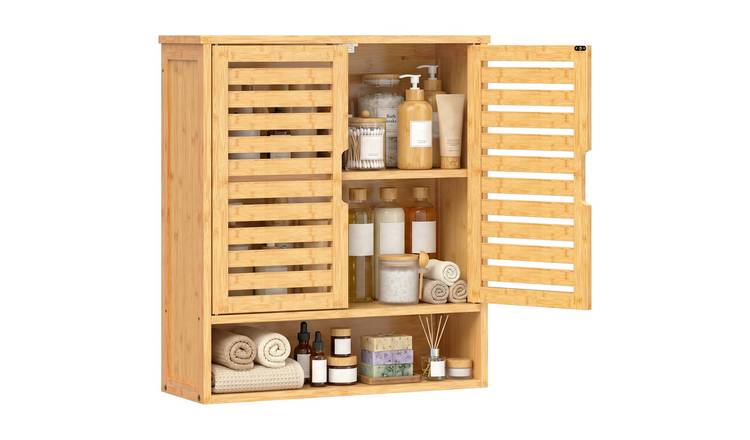 HOMCOM 2 Louvered Doors Wall Mounted Bathroom Cabinet - Oak