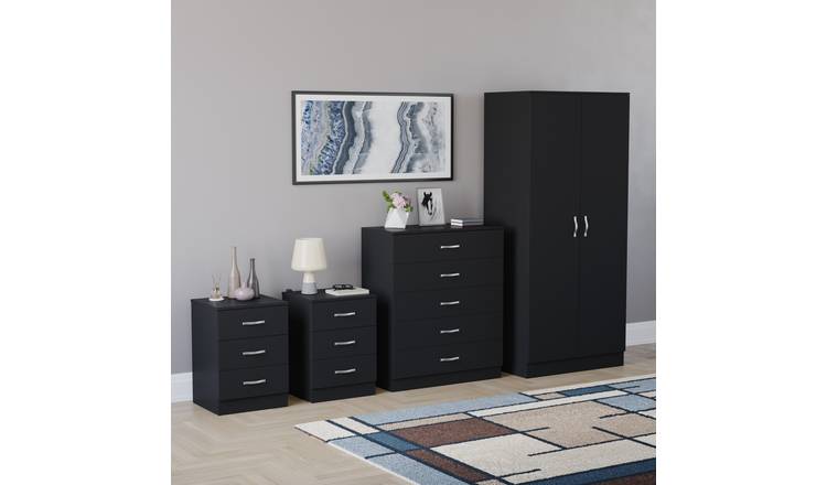Vida Designs Riano Bedroom Set (Bedsides, 5 Drawer Chest, 2 Door Wardrobe)-Black