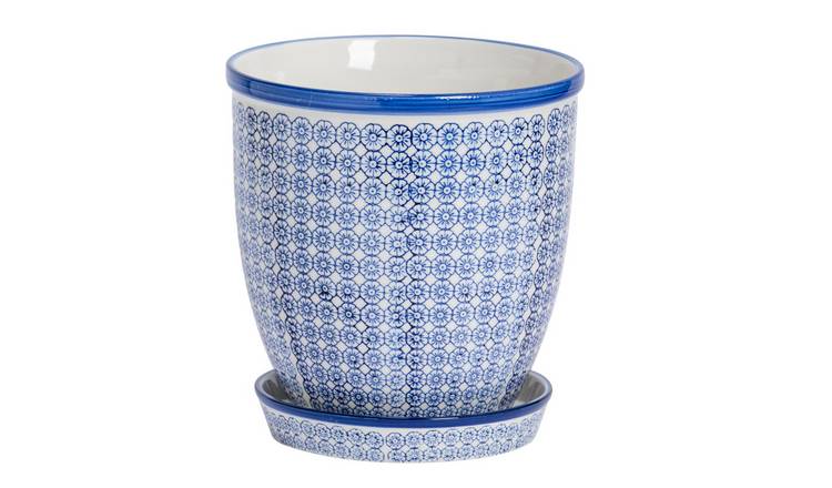 Nicola Spring Hand Printed Plant Pot with Saucer - Navy