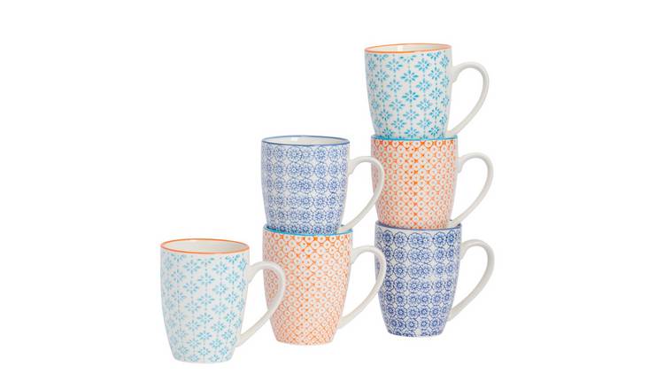 Nicola Spring Nicola Spring Hand-Printed Mugs - 330ml - 3 Colours - Pack of 6