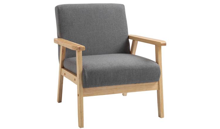 HOMCOM Linen Upholstered Accent Chair with Solid Wood Legs and Wide Seat - Grey