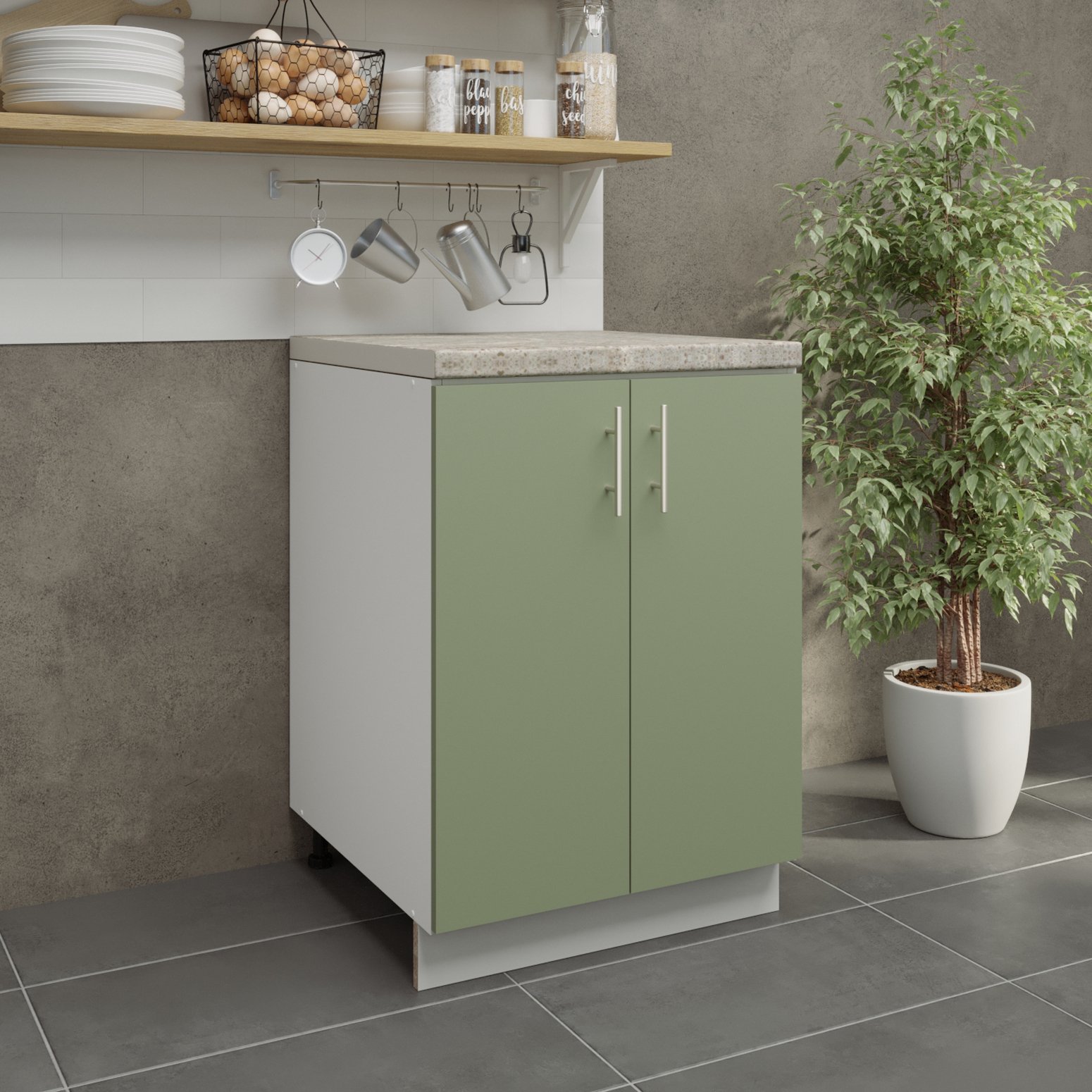 JD Greta 600mm Adjustable Base Cabinet 2 Doors & Worktop - Sage Green Matt - Image 3