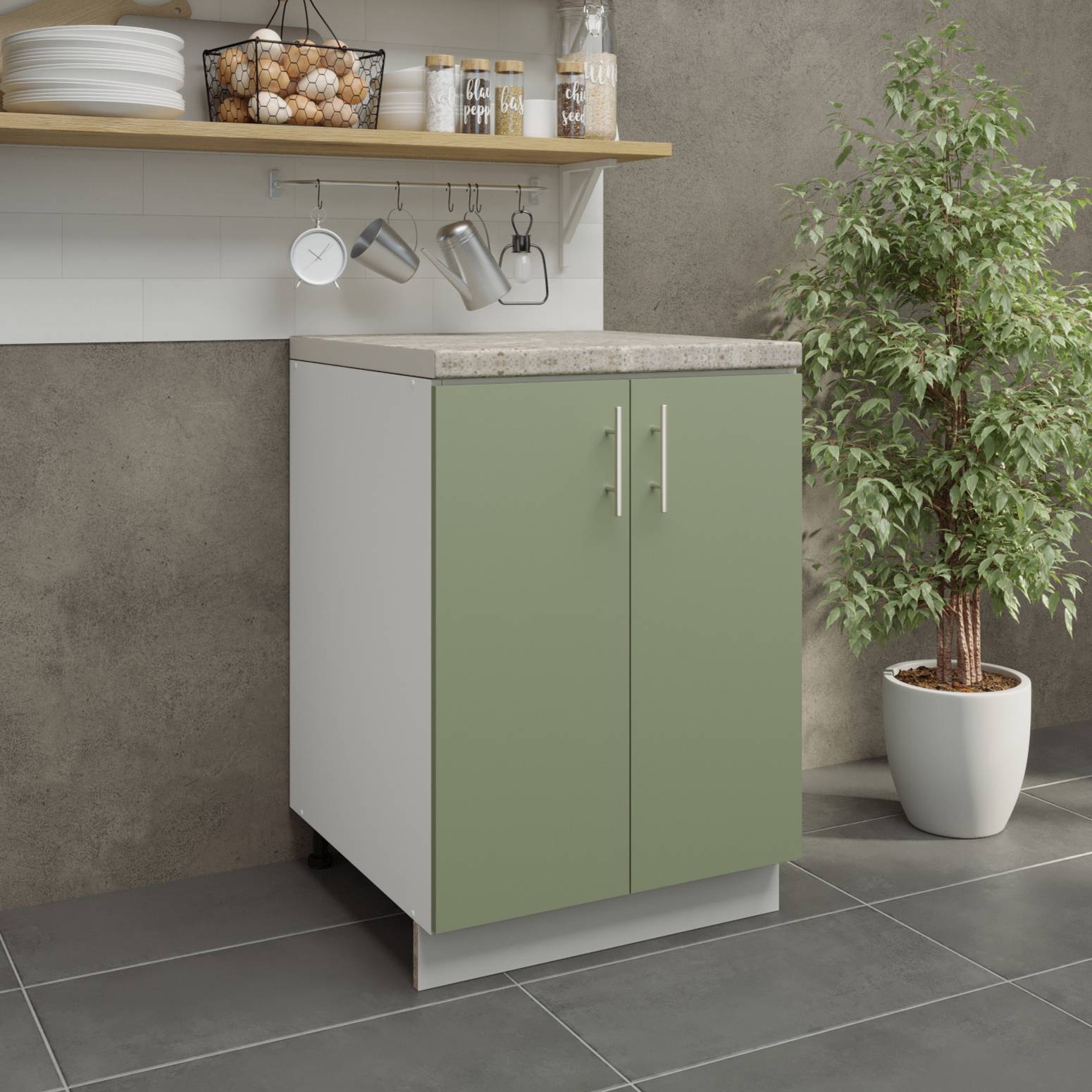 JD Greta 600mm Adjustable Base Cabinet 2 Doors & Worktop - Sage Green Matt - Image 3