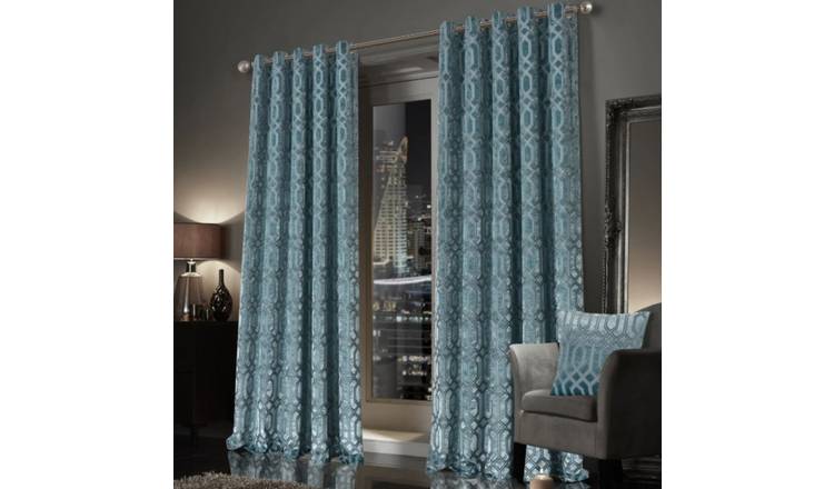 New Edge Blinds Teal Luxe Geo Velvet Eyelet Curtains - 167cm x 229cm