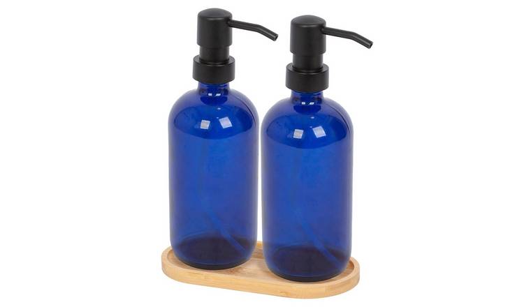 Harbour Housewares 2pc Glass Soap Dispenser Set with Bamboo Tray  - Blue