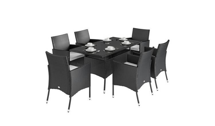 Outsunny 7 Piece 6 Seater Rattan Furniture Set with Cushions - Black
