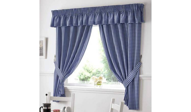 Alan Symonds Gingham Pencil Pleat Curtains - Blue - 117 x 107cm