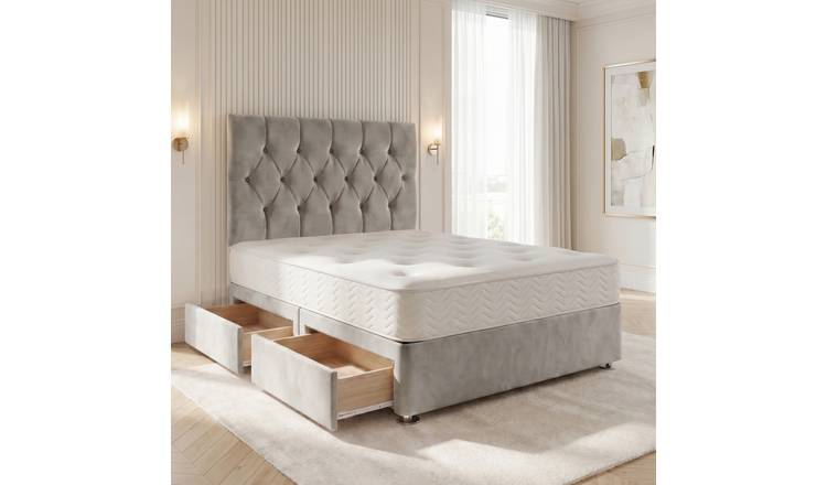 Somnior Chester Velvet King 2 Drawer Open Coil Divan Bed Set - Silver