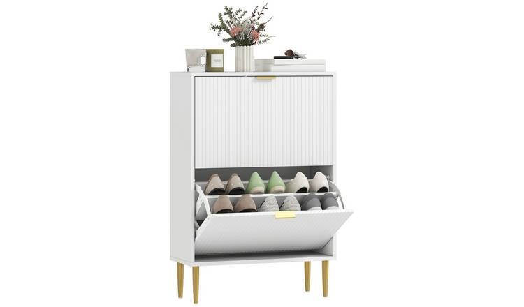 HOMCOM Fluted Shoe Cabinet with 2 Flip Drawers - White