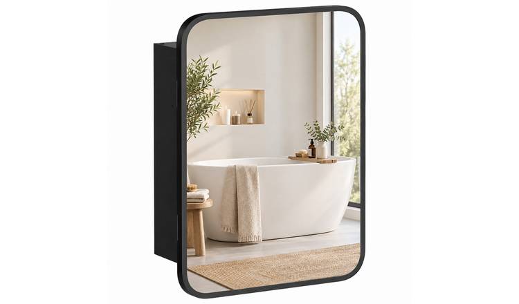 HOMCOM SPC Composite Plastic Adjustable Shelf Bathroom Mirror Cabinet – Black
