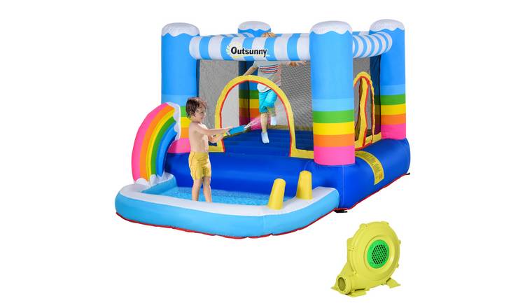 Outsunny Kids 2.8m Trampoline Pool Climbing Wall Inflatable Bouncy Castle – Blue
