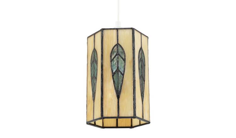 Happy Homewares Hexagonal Tiffany with Emerald Green Leaf Pendant Shade - 13cm