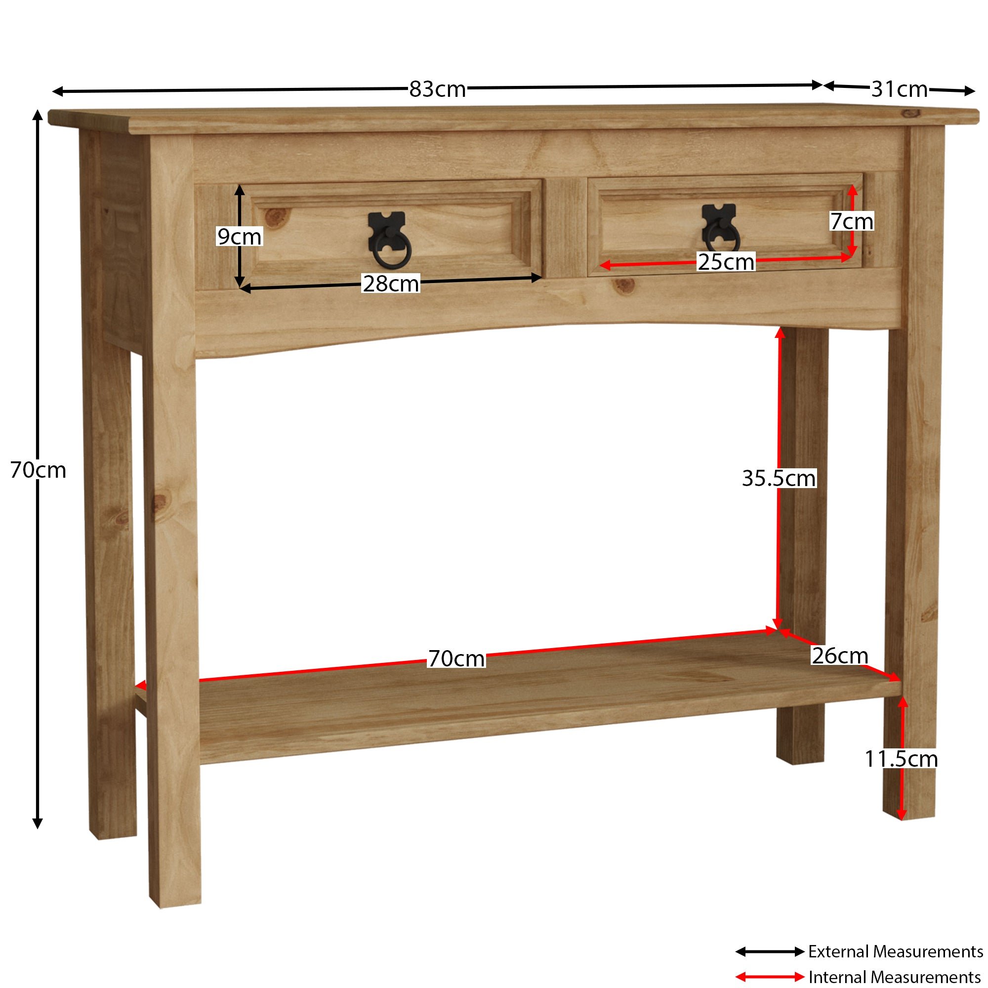 Vida Designs Corona 2 Drawer Console Table - Pine - Image 7