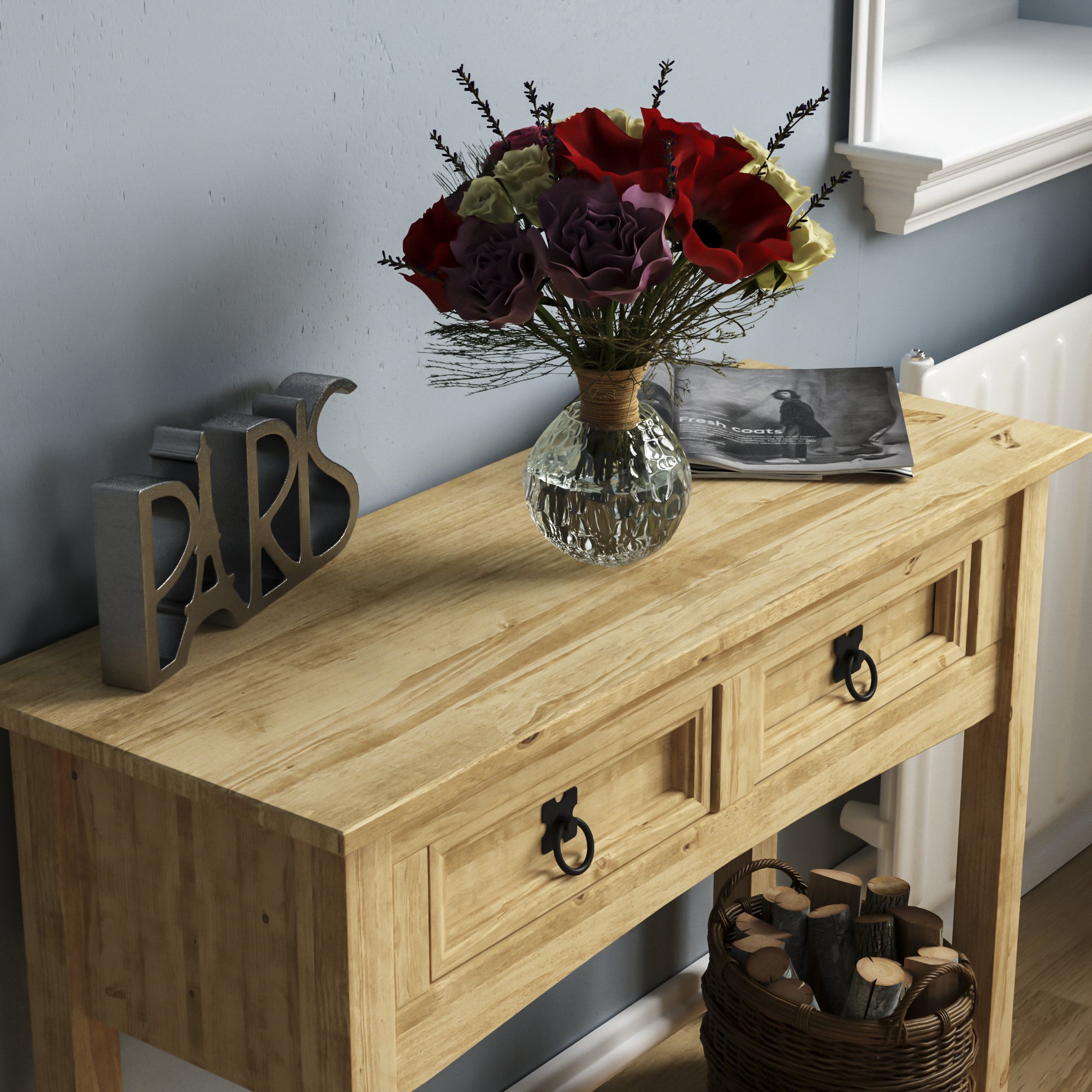 Vida Designs Corona 2 Drawer Console Table - Pine - Image 3