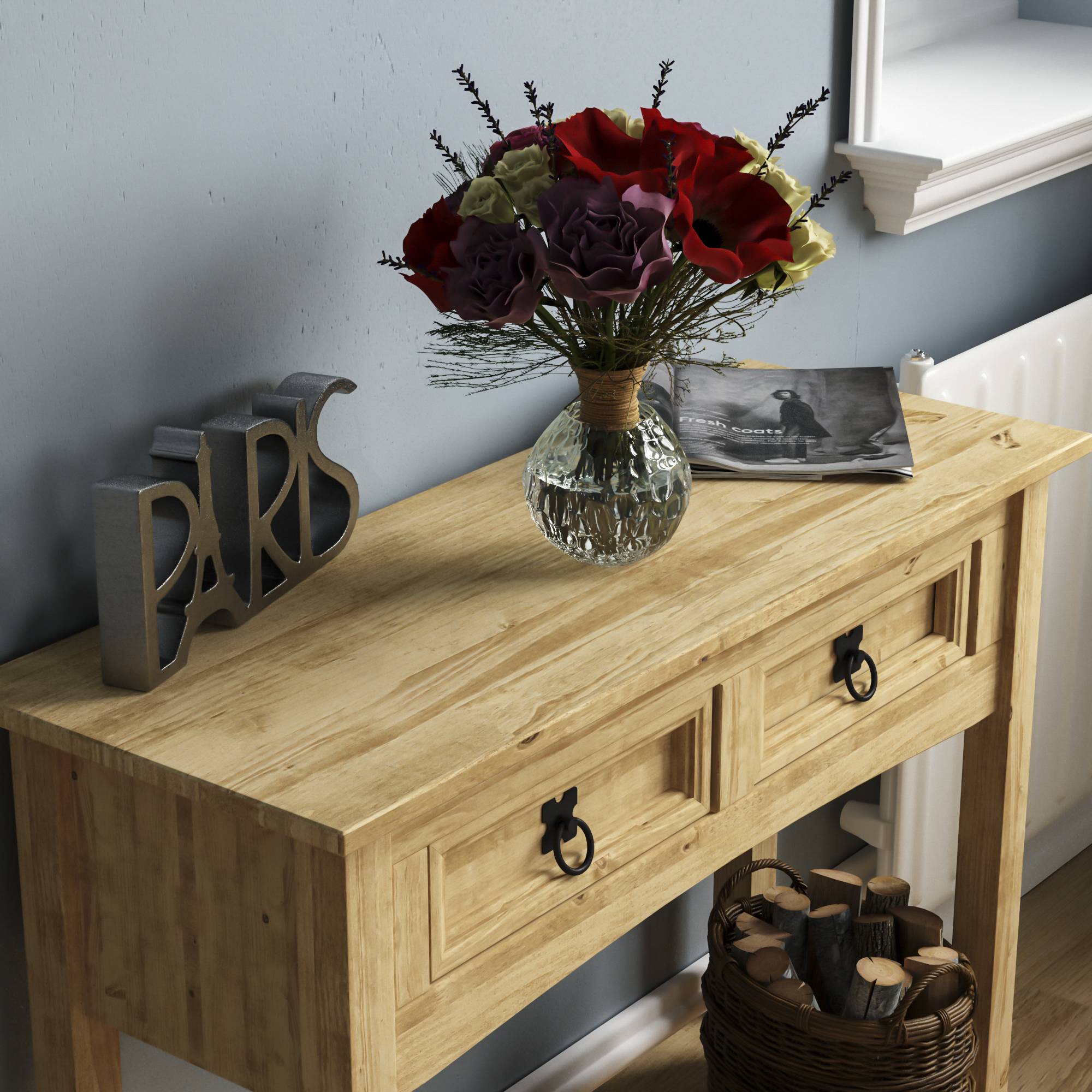 Vida Designs Corona 2 Drawer Console Table - Pine - Image 3