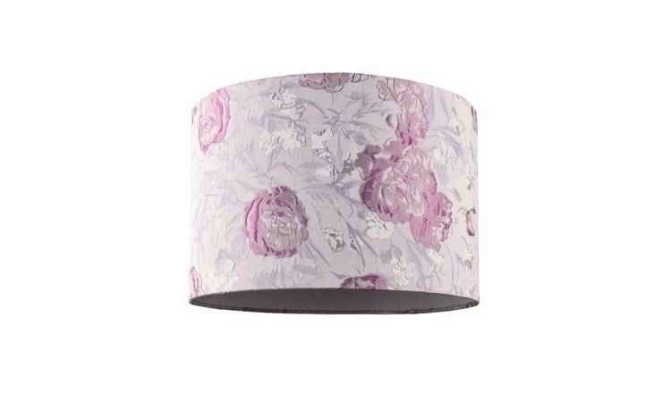 Happy Homewares Lilac Floral Textured Jacquard Drum with Pink Lampshade - 30cm