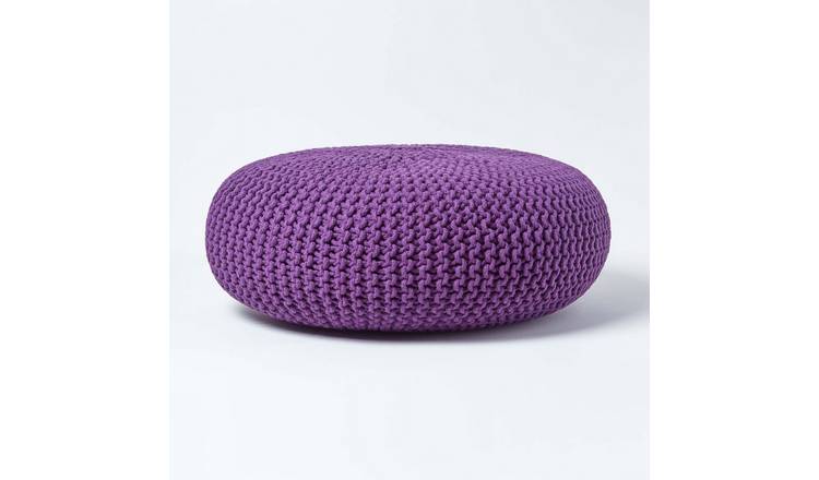 Homescapes Large Round Cotton Knitted Pouffe Footstool – Deep Purple