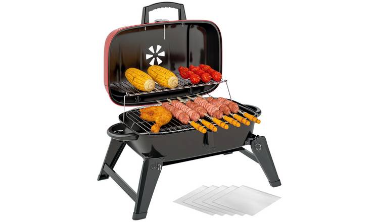 Outsunny Foldable Adjustable Portable BBQ Grill with Cooking Area - Red