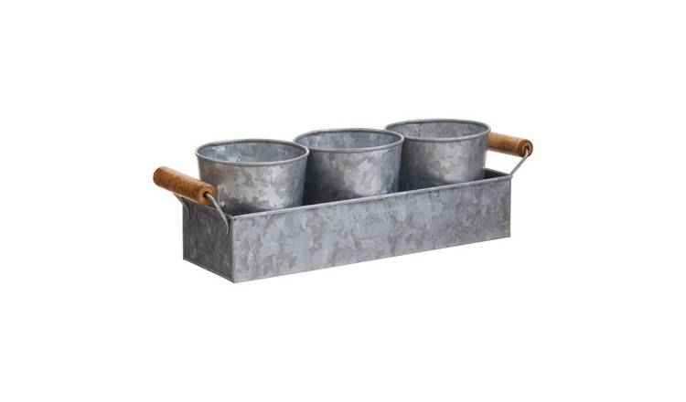 Orsina Drummond Set Of 3 Galvanised Steel Flower or Herb Pots With Tray