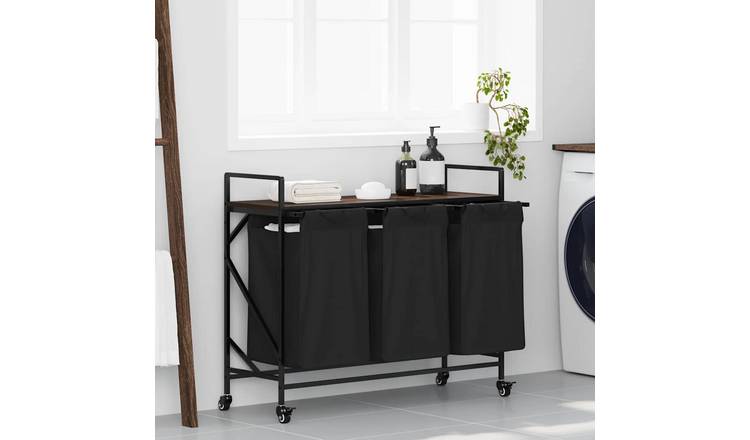 Walplus Laundry Basket 3 Compartments with Wheels - Brown - 99 x 33 x 82 cm