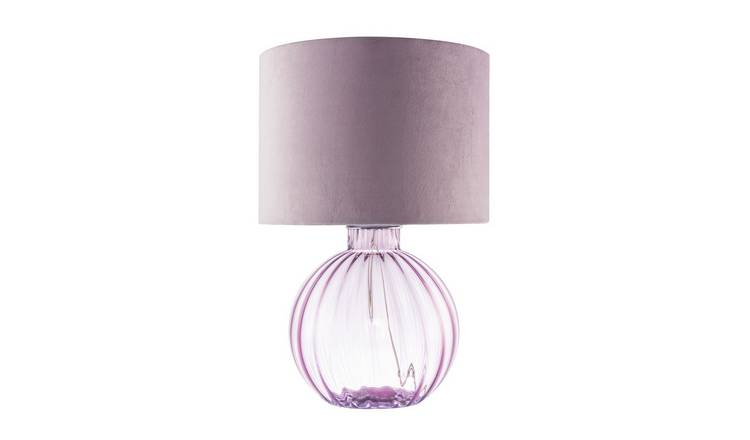 Happy Homewares Lilac Ribbed Glass with Velvet Fabric Table Lamp - 28cm