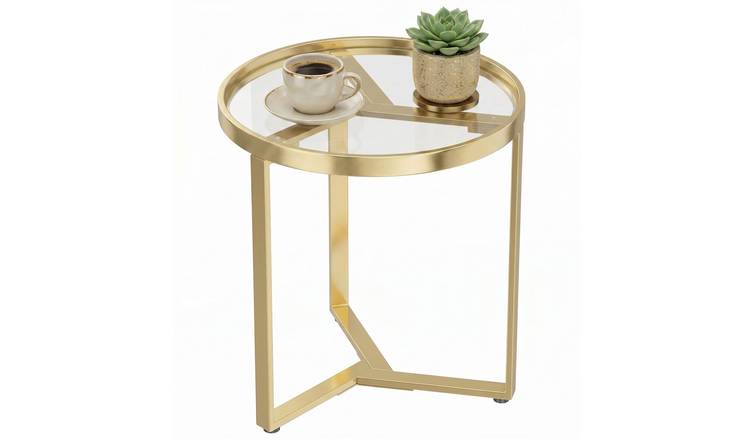 HOMCOM Round Side Table with Tempered Glass Top - Gold Tone
