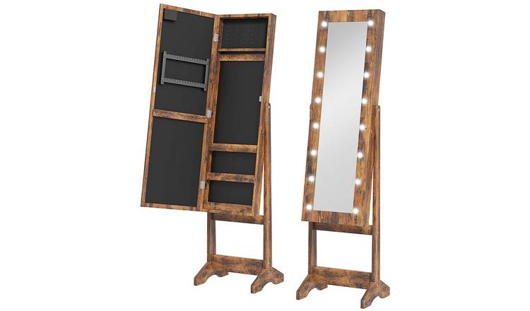 HOMCOM 3 Angle Adjustable Mirror Jewelry Cabinet with LED Lights - Rustic Brown