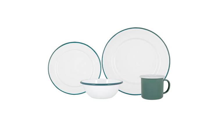 Argon Tableware 16 Piece White Enamel Dinner Set - Green