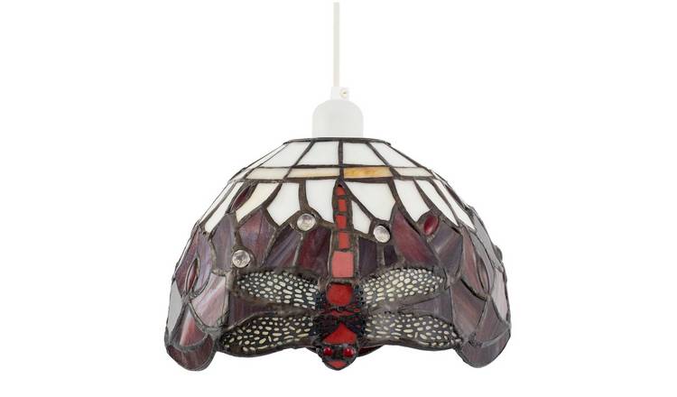 Happy Homewares Deep Red and White Stained Glass Dragonfly Pendant Shade - 20cm