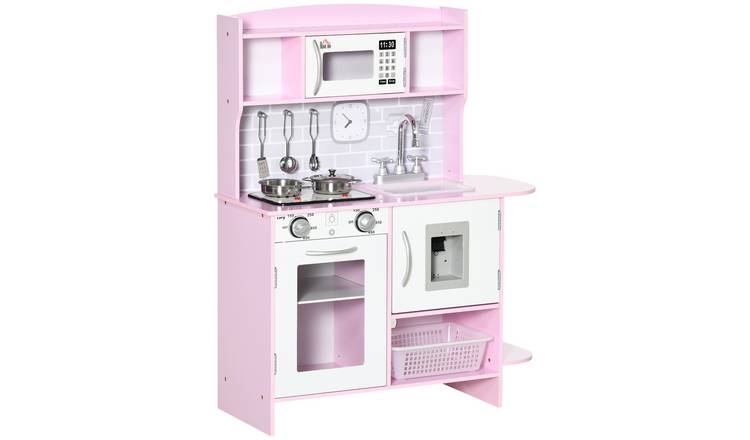 HOMCOM Water Dispenser Microwave Utensils Kids Play Kitchen - Pink