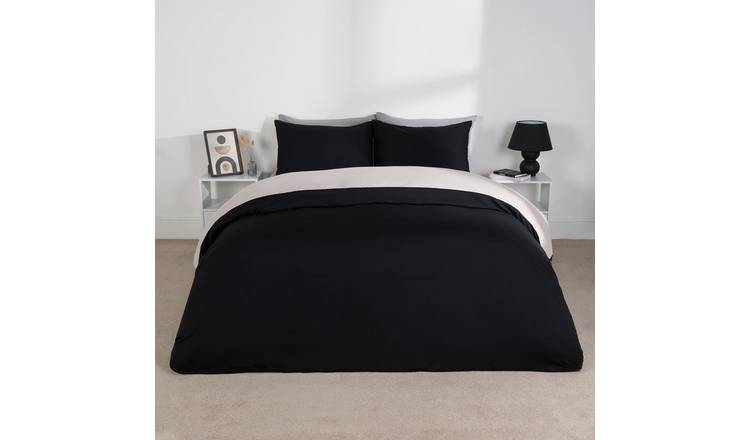 OHS Plain Dyed Reversible Duvet Cover Set Black/Stone - Double