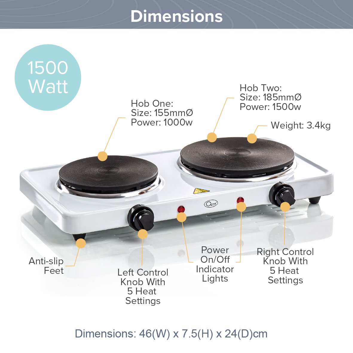 Quest Twin Hob Hot Plate With Temperature Control - White - Image 2