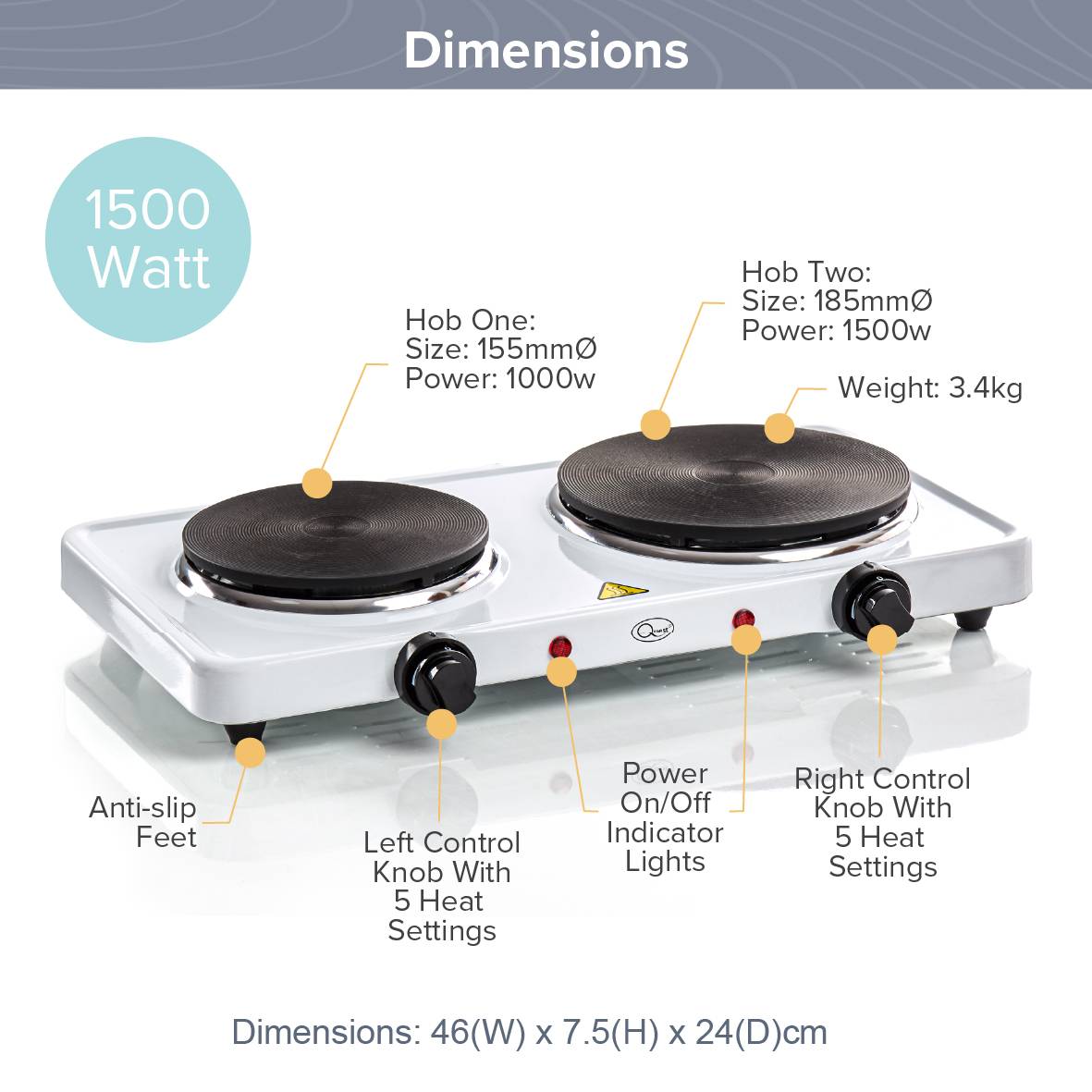 Quest Twin Hob Hot Plate With Temperature Control - White - Image 2