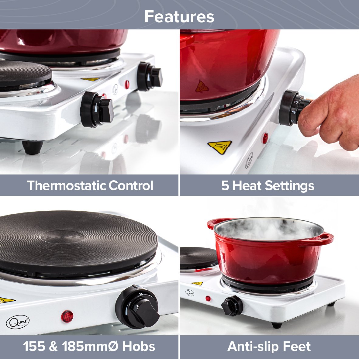 Quest Twin Hob Hot Plate With Temperature Control - White - Image 3