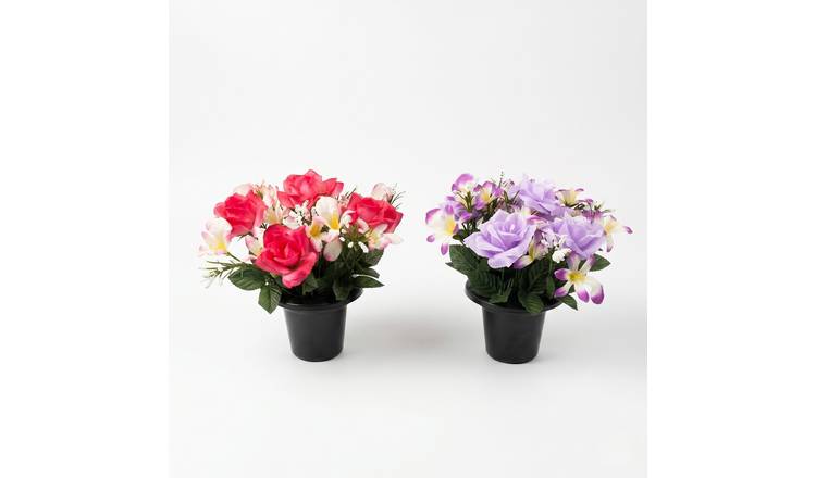 Homescapes Artificial rose and orchid gravepot set - Purple