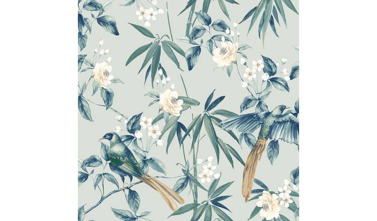 Arthouse Oriental Floral Birds Wallpaper - Grey & Blue
