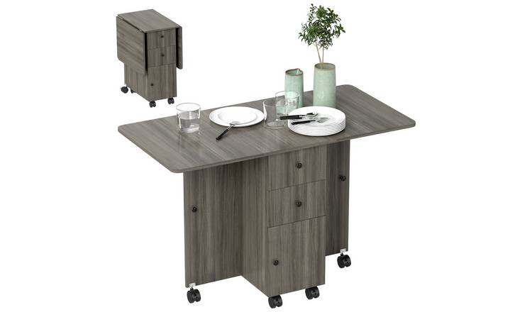 HOMCOM Rolling Drop Leaf Table on Wheels with Drawers - Grey