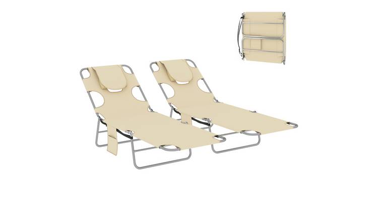Outsunny Set of 2 Foldable Garden Sun Lounger with Reading Hole - Beige