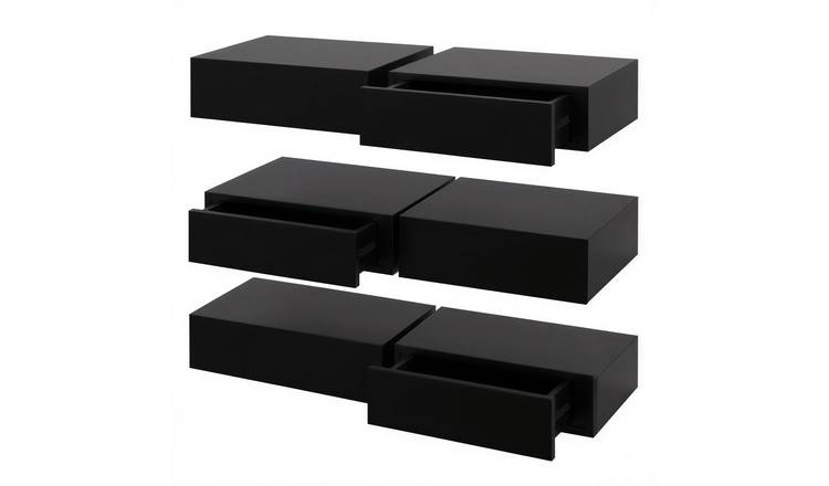Harbour Housewares Wooden Floating Shelves with Drawer Pack of 6 - Black