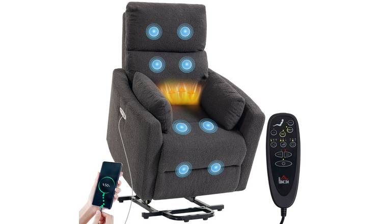 HOMCOM Teddy Fleece Riser Recliner Chair with Vibration Massage - Dark Grey