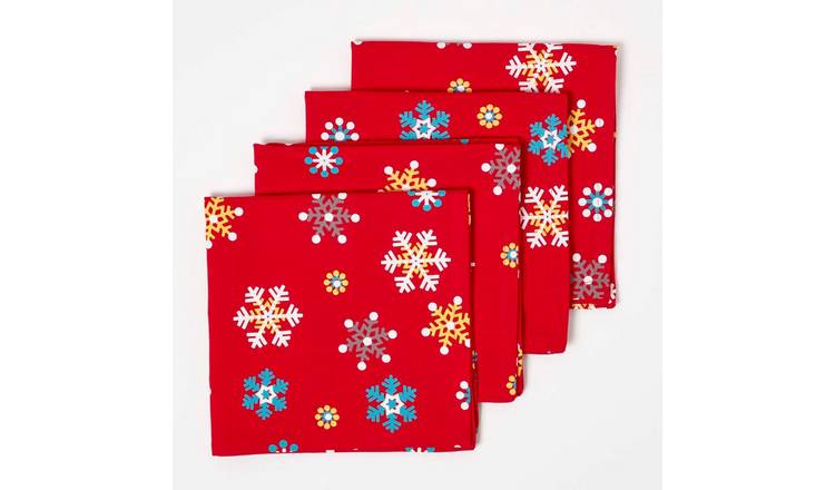 Homescapes Pack of 4 Christmas Snowflake Napkins - Red
