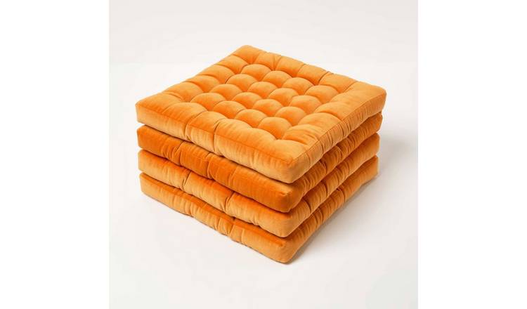Homescapes Pack of 4 Velvet Seat Pad Chair Cushions - Burnt Orange